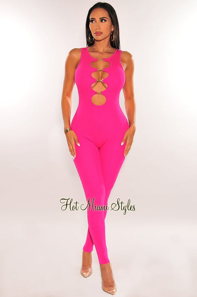 Fuchsia Cut Out Gold Hoop Plunge Sleeveless Jumpsuit - Hot Miami Styles