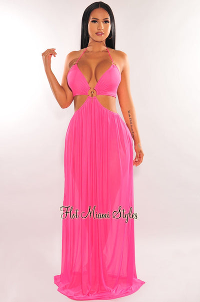 Fuchsia Halter Mesh O-Ring Cut Out Maxi Dress - Hot Miami Styles