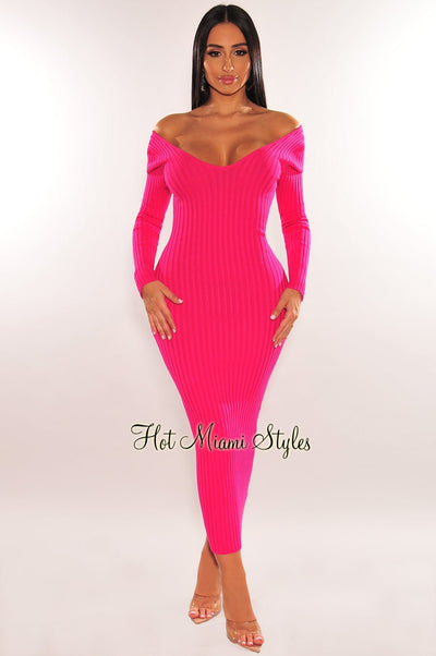 Fuchsia Ribbed Knit Long Sleeves Dress - Hot Miami Styles