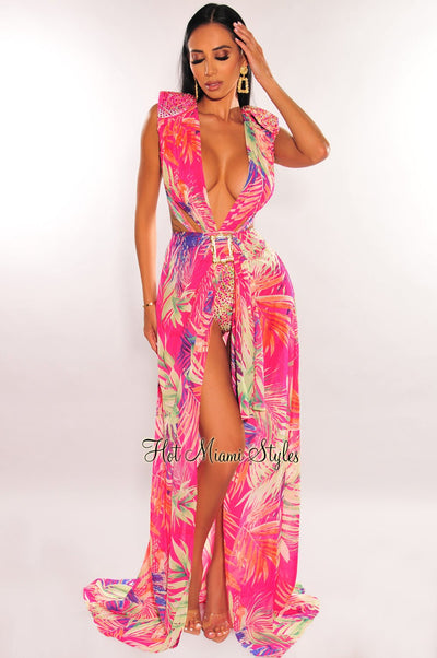 Fuchsia Tropical Print Plunge Studded Maxi Skirt Two Piece Set - Hot Miami Styles