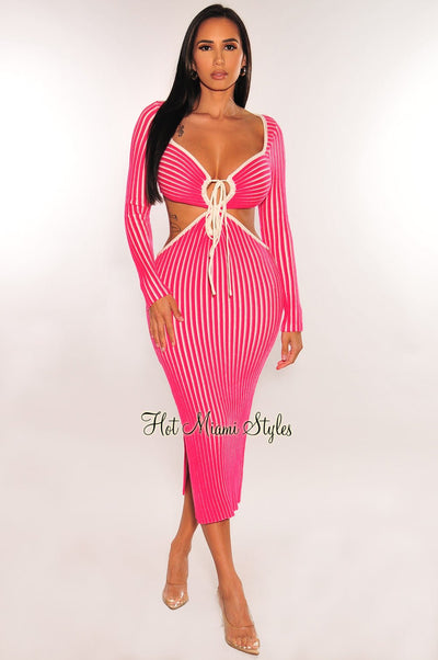 Fuchsia White Ribbed Knit Keyhole Cut Out Slit Dress - Hot Miami Styles