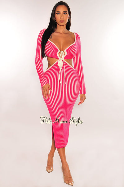 Fuchsia White Ribbed Knit Keyhole Cut Out Slit Dress – Hot Miami Styles
