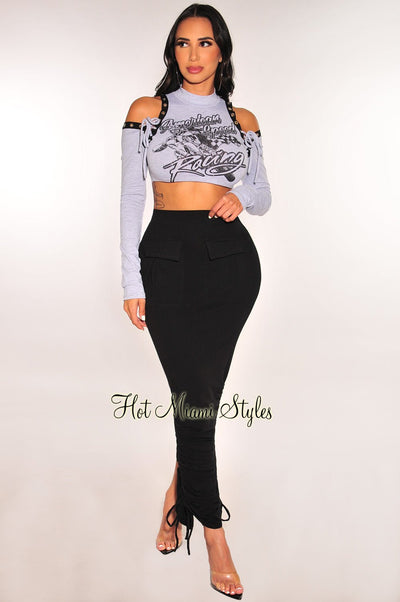 Gray Graphic Long Sleeve Mock Neck Lace Up Ruched Skirt Two Piece Set - Hot Miami Styles