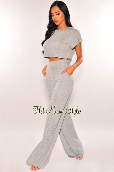 Gray Marl Short Sleeve Palazzo Two Piece Set - Hot Miami Styles