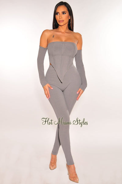 Gray Ribbed Hanky Hem Off Shoulder High Waist Pants Two Piece Set - Hot Miami Styles