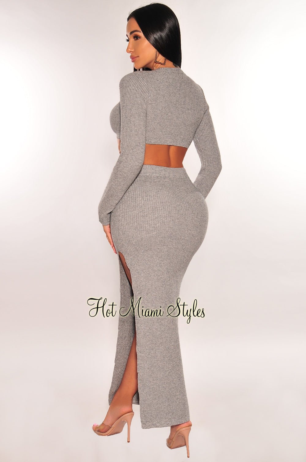 Gray Ribbed Knit Long Sleeve Slit Skirt Two Piece Set – Hot Miami