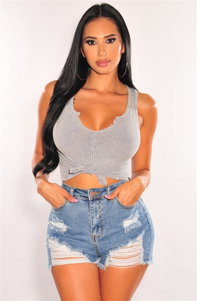 Gray Ribbed Tank V Neck Destroyed Crop Top - Hot Miami Styles