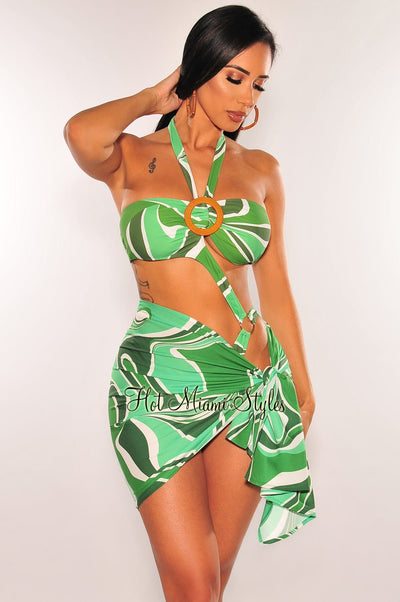 Green Abstract Print Tie Wrap Cover Up Skirt - Hot Miami Styles