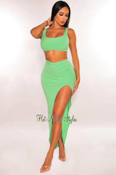 Green Apple Sleeveless Ribbed Slit Skirt Two Piece Set - Hot Miami Styles