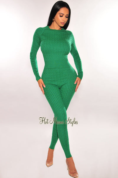 Green Cable Knit Round Neck Long Sleeve Pants Two Piece Set - Hot Miami Styles