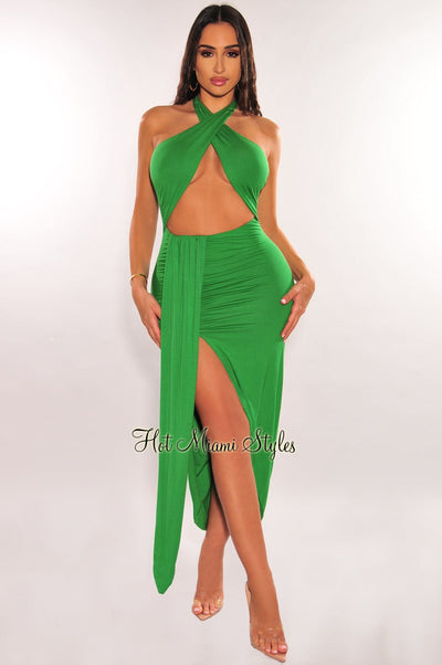Green Halter Crisscross Cut Out Drape Ruched Slit Dress - Hot Miami Styles