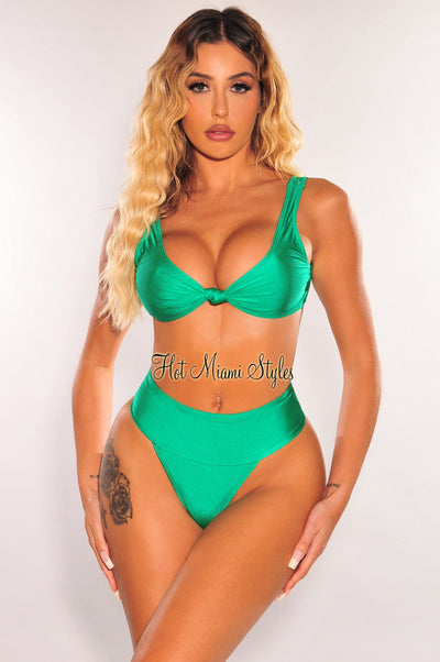 Green Knotted Sleeveless High Rise Bikini Top - Hot Miami Styles