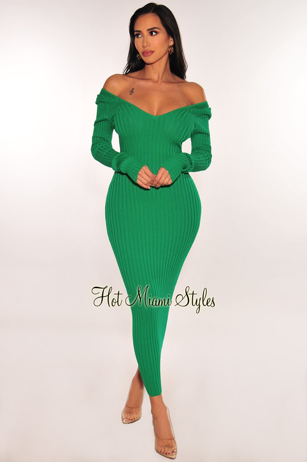 Green Ribbed Knit Long Sleeves Dress Large Green Ribbed Knit Long Sleeves Dress Large