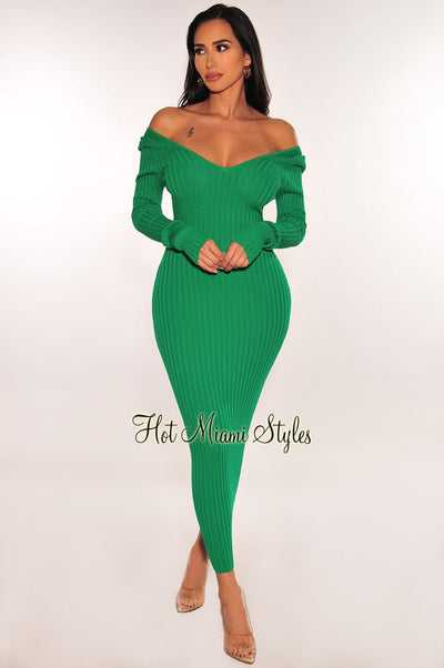 Teal Pearl Off Shoulder Cut Out Long Sleeve Seamless Jumpsuit