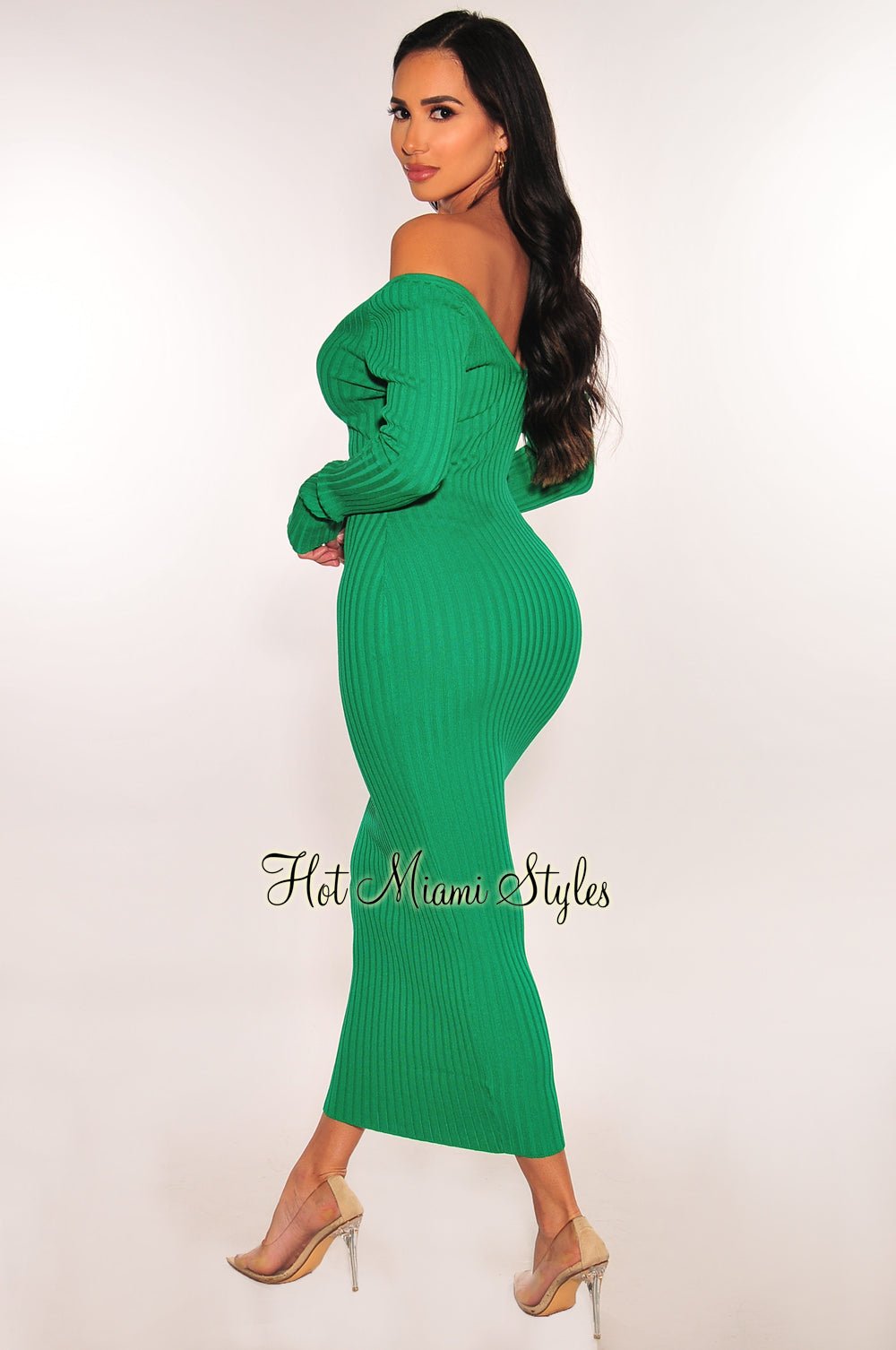 Green Ribbed Knit Long Sleeves Dress Large Green Ribbed Knit Long Sleeves Dress Large