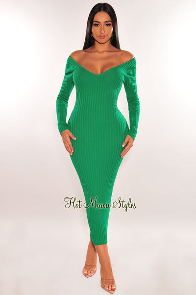 Green Ribbed Knit Long Sleeves Dress - Hot Miami Styles
