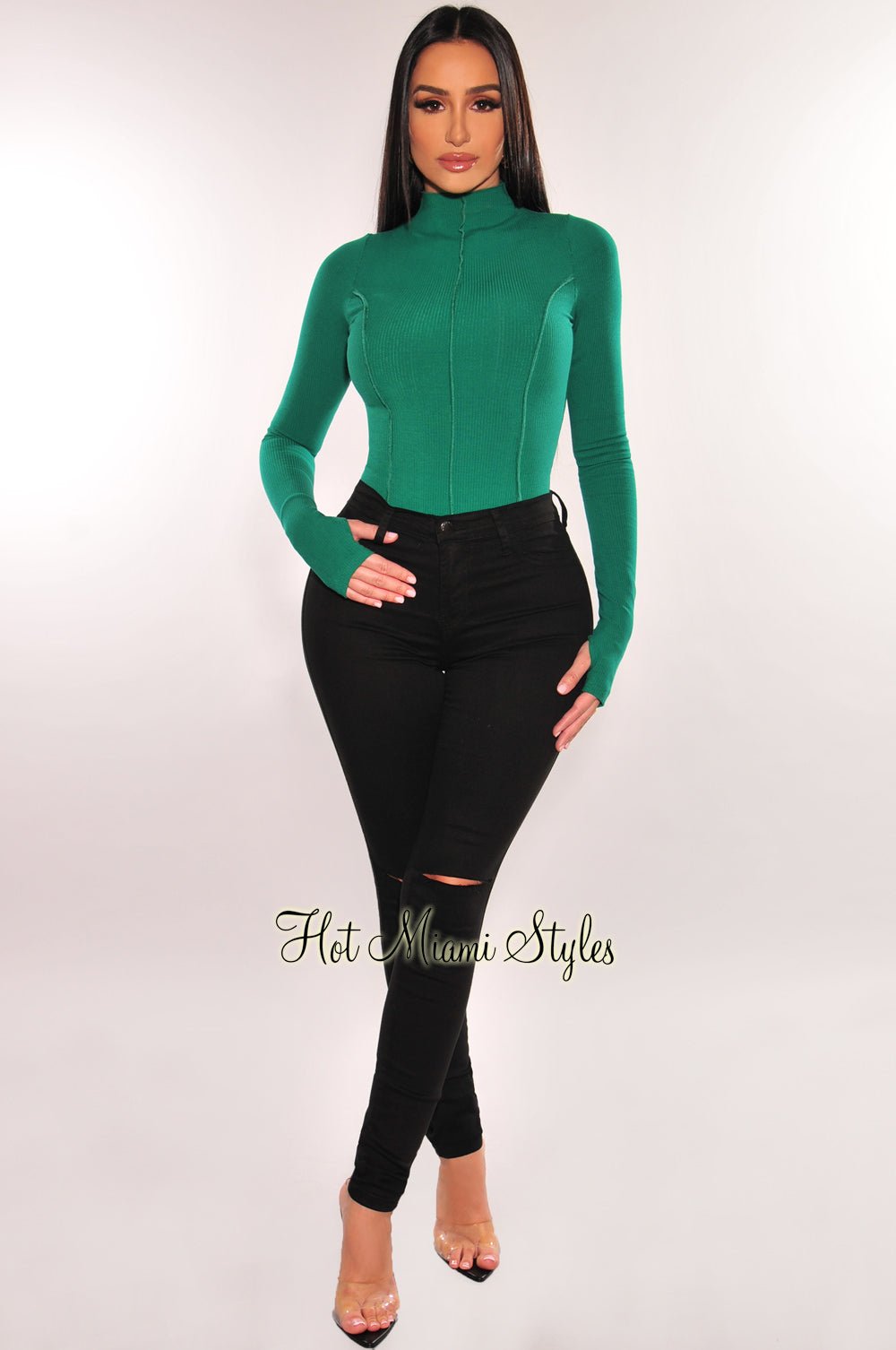 Green Ribbed Mock Neck Exposed Seams Long Sleeve Thong Bodysuit – Hot Miami  Styles
