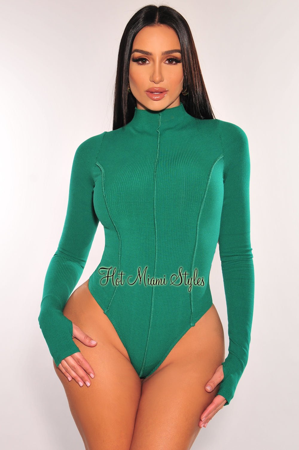 Green Ribbed Mock Neck Exposed Seams Long Sleeve Thong Bodysuit Hot Miami Styles Green Ribbed Mock Neck Exposed Seams Long Sleeve Thong Bodysuit Hot Miami Styles