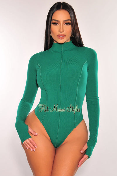 Green Ribbed Mock Neck Exposed Seams Long Sleeve Thong Bodysuit - Hot Miami Styles