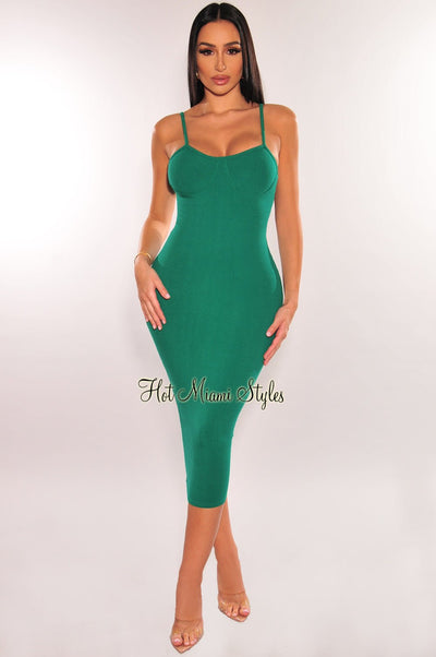 Green Ribbed Spaghetti Strap Bodycon Midi Dress - Hot Miami Styles
