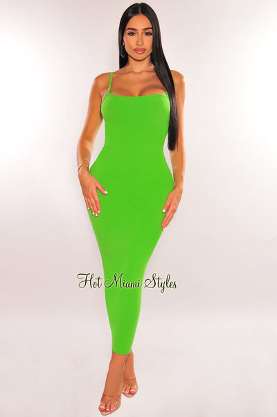 Green Ribbed Spaghetti Strap Cut Out Back Midi Dress - Hot Miami Styles