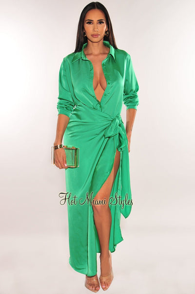 Green Silky Long Sleeves Button Up Asymmetrical Dress - Hot Miami Styles