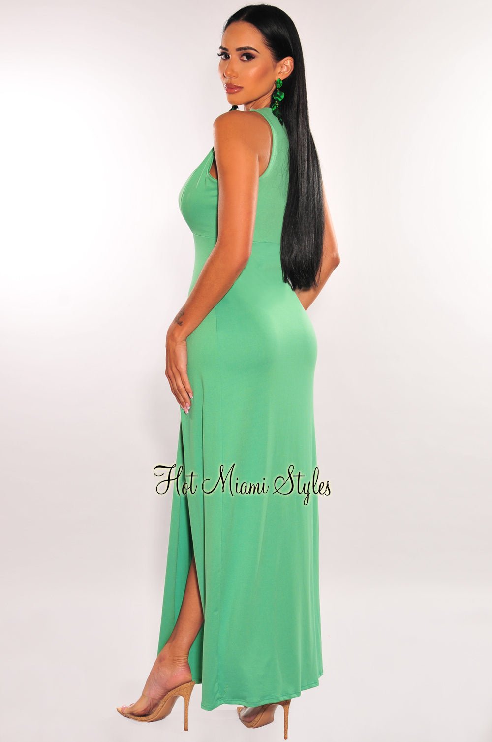Green Sleeveless V Neck Double Slit Cover Up Maxi Dress – Hot