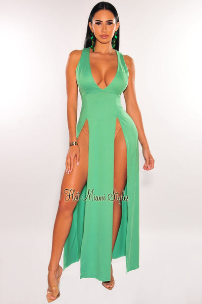 Green Sleeveless V Neck Double Slit Cover Up Maxi Dress - Hot Miami Styles