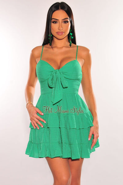 Green Spaghetti Strap Padded Ruffled Tie Up Babydoll Dress - Hot Miami Styles