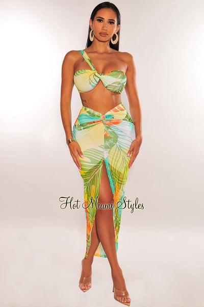 Green Tropical Print One Shoulder Knotted Slit Skirt Two Piece Set - Hot Miami Styles