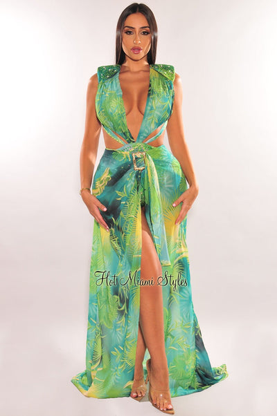 Green Tropical Print Plunge Studded Maxi Skirt Two Piece Set - Hot Miami Styles