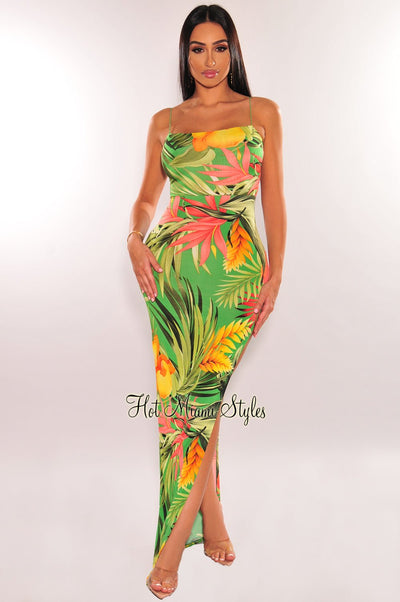 Green Tropical Print Spaghetti Straps Elastic Strappy Back Slit Maxi Dress - Hot Miami Styles