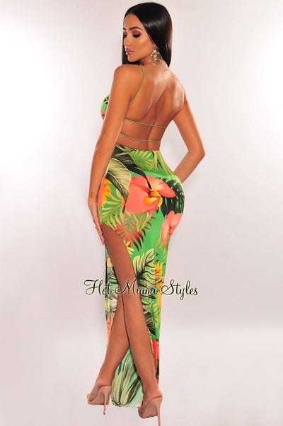 Green Tropical Print Spaghetti Straps Elastic Strappy Back Slit Maxi Dress - Hot Miami Styles