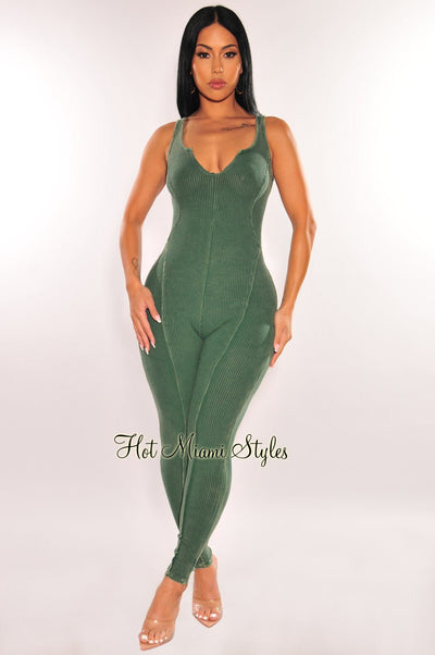 Green Wash Ribbed Knit Sleeveless Exposed Seams Jumpsuit - Hot Miami Styles