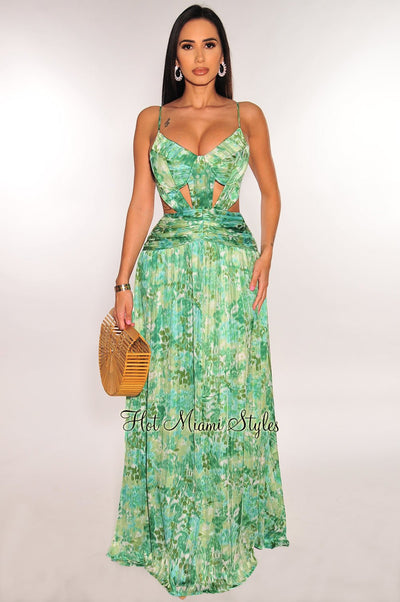 Green Watercolor Padded Cut Out Ruched Spaghetti Strap Maxi Dress - Hot Miami Styles
