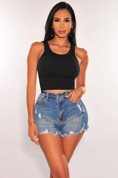 HMS ESSENTIAL: Black Ribbed Seamless Sleeveless Crop Top - Hot Miami Styles