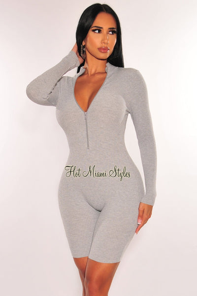 HMS: Essential: Gray Ribbed Knit Zipper Long Sleeves Romper - Hot Miami Styles