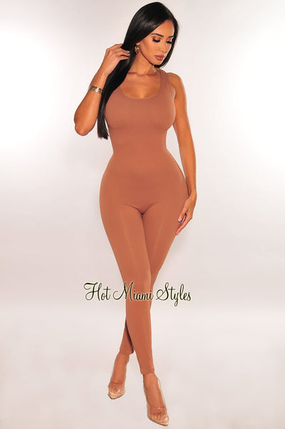 Taupe Linen Sleeveless Palazzo Pants Two Piece Set - Hot Miami Styles