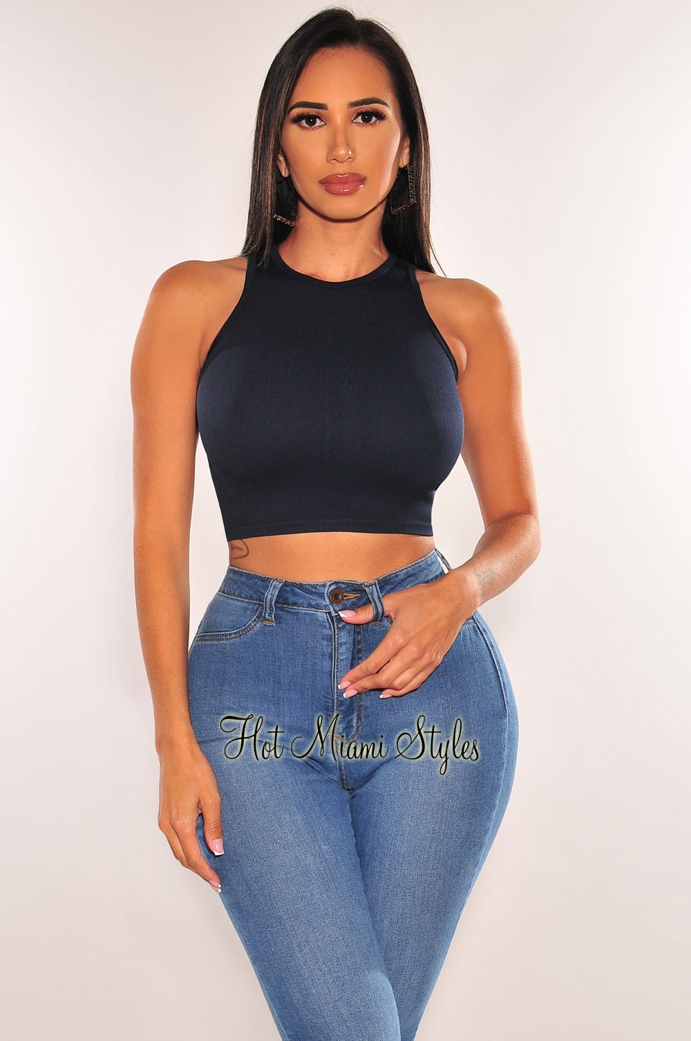 HMS ESSENTIAL: Navy Ribbed Seamless Sleeveless Crop Top - Hot Miami Styles