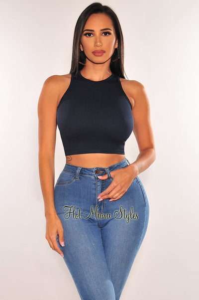 HMS ESSENTIAL: Navy Ribbed Seamless Sleeveless Crop Top - Hot Miami Styles