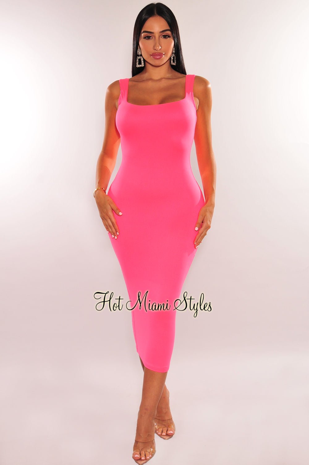 HMS Essential: Neon Pink Square Neck Sleeveless Perfect Fit Midi Dress