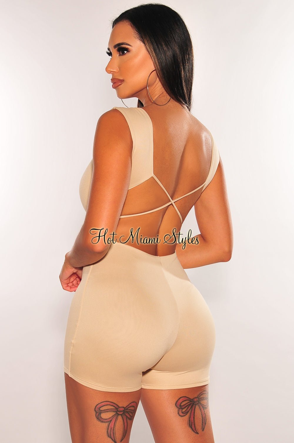 HMS Essential: Nude Sleeveless Criss Cross Open Back Romper Hot Miami Styles HMS Essential: Nude Sleeveless Criss Cross Open Back Romper Hot Miami Styles