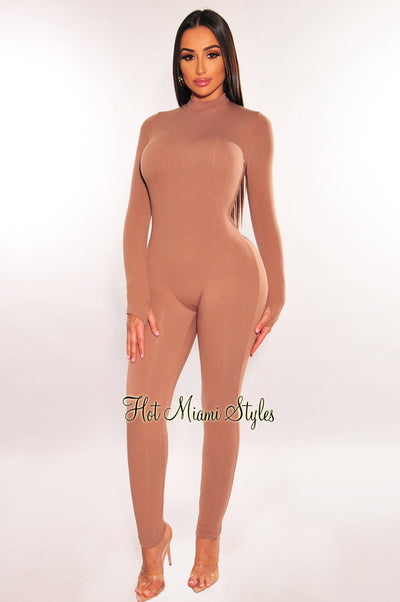 HMS Essential: Taupe Mock Neck Perfect Fit Long Sleeves Jumpsuit - Hot Miami Styles
