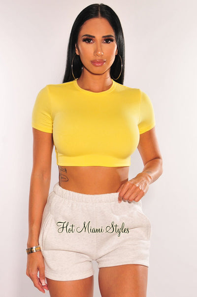 HMS Essential Yellow Round Neck Short Sleeves Crop Top - Hot Miami Styles