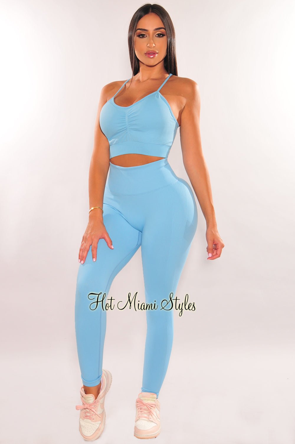 HMS Fit: Baby Blue Racerback Butt Lifting Leggings Two Piece Set - Hot  Miami Styles