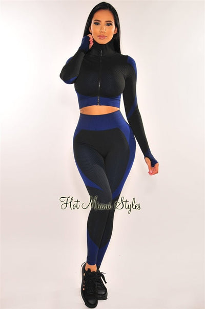 HMS Fit: Black Blue Textured Long Sleeve Jacket Leggings Two Piece Set - Hot Miami Styles