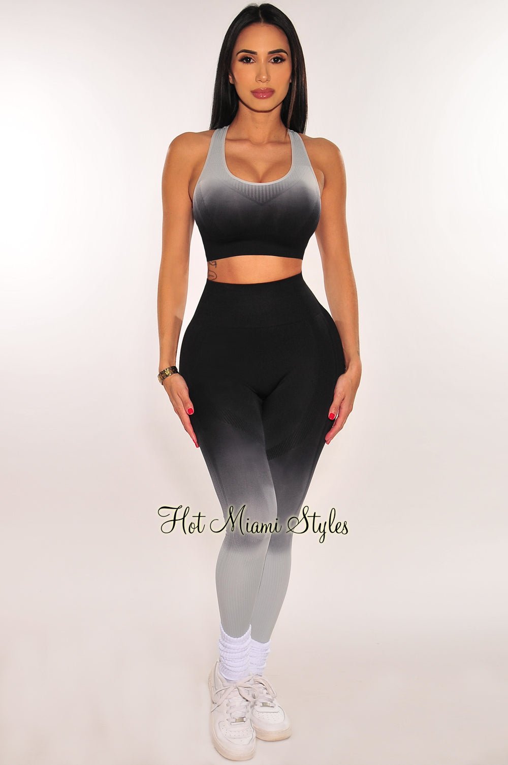 HMS Fit: Black Gray Gradient Padded Racerback Leggings Two Piece