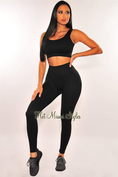 HMS Fit: Black Padded High Waist Leggings Two Piece Set - Hot Miami Styles