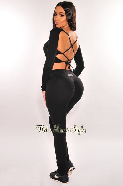 HMS Fit: Black Padded Long Sleeve Lace Up Back Scrunch Butt Leggings Two Piece Set - Hot Miami Styles