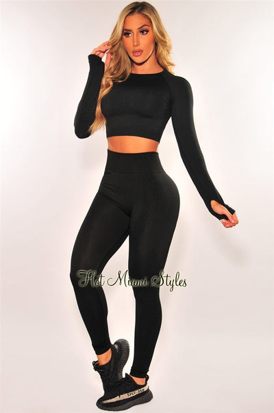 HMS Fit: Black Seamless Long Sleeves Leggings Two Piece Set - Hot Miami Styles